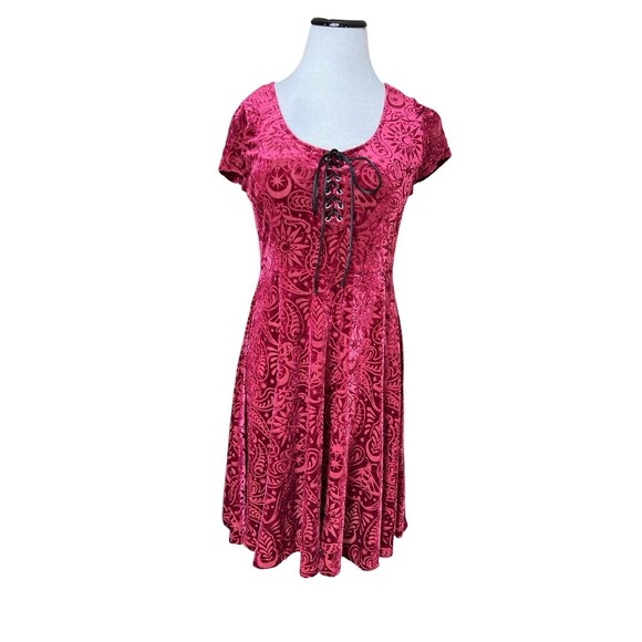 Killstar Velvet Burnout Lace Up Dress Size M Red Gothic Vamp Occult Witchy Alt - Picture 1 of 12